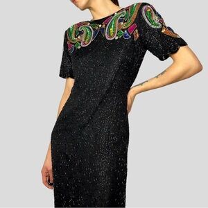 Vintage 1980s beaded sequins silk Black and Pink Embellished Sheath Midi Dress